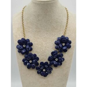J Crew Navy Blue Resin Flower Necklace Gold Tone Chain